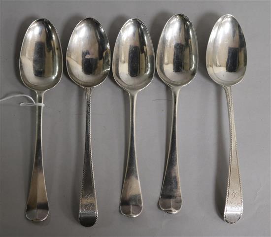 Three George II/III shell back tablespoons and two feather edge tablespoons, 8.5 oz.